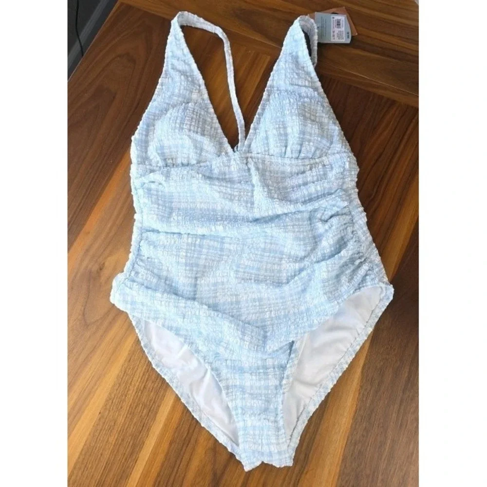 Gingham Pucker Plunge Full Coverage  Swimsuit Blue/White Size XL (361)